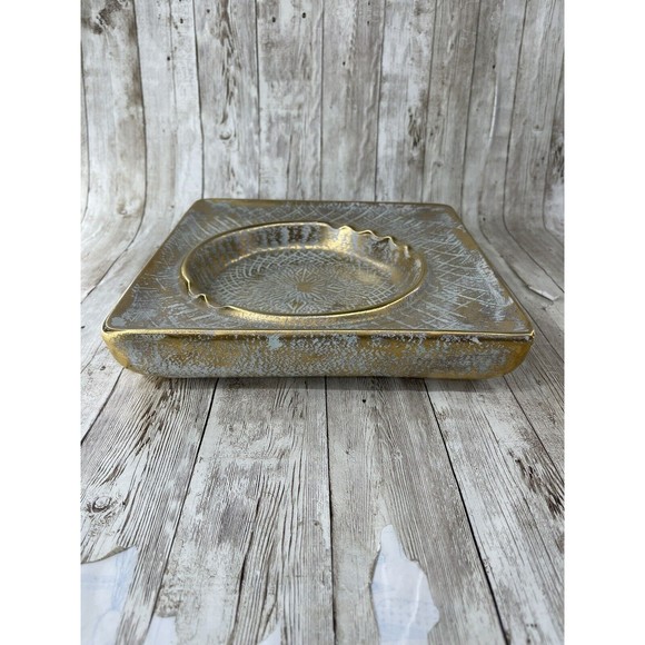 MID CENTURY STANGL POTTERY TRENTON NJ 9" X 9" AQUA & GRANADA GOLD ASHTRAY #3915 - Picture 3 of 8